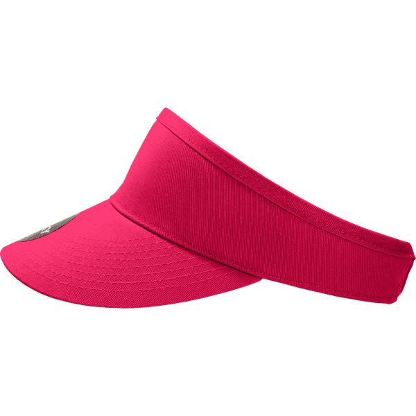 A pink visor with a curved brim and a logo on the front, designed for outdoor wear.