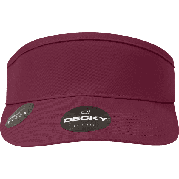 A maroon visor with a wide brim and a branding logo on the front.