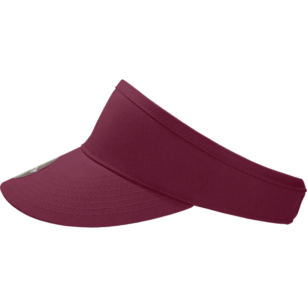 A maroon visor with a wide brim and a logo on the front.