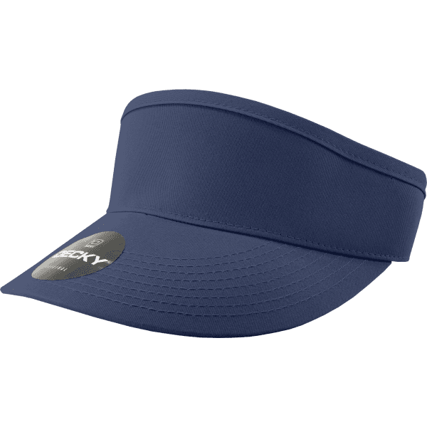 A navy visor with a wide brim, featuring a black logo on the side and a sleek design.