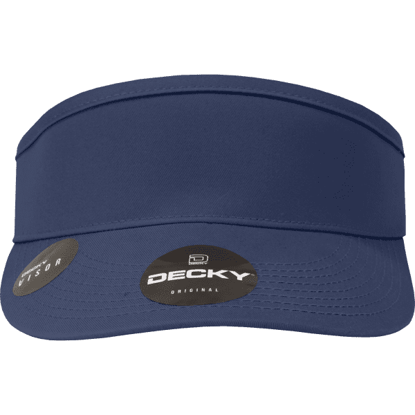 A navy blue visor with a wide brim and a logo on the side.