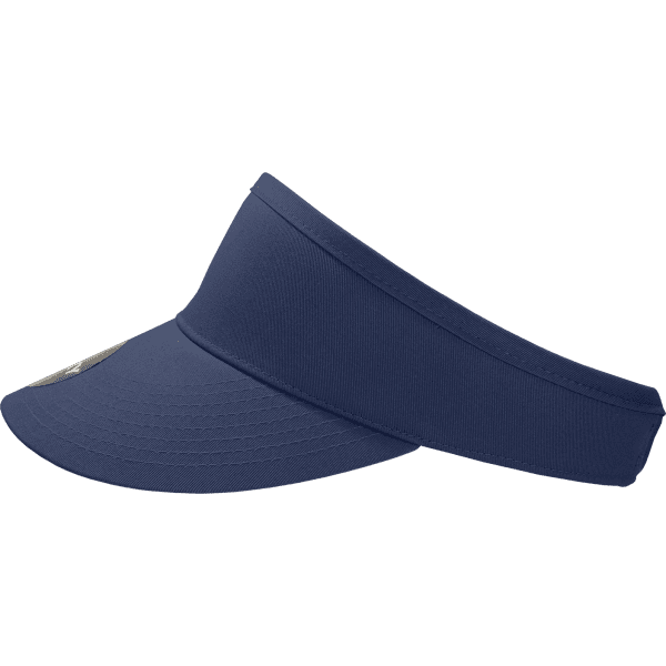 A navy blue visor featuring a wide brim and a stretchable band. It includes a logo on the front.