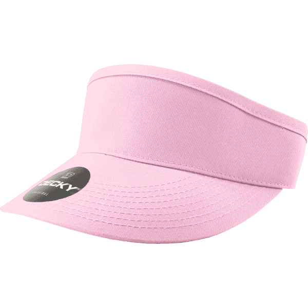 A pink visor with a wide brim and a branded logo on the front.