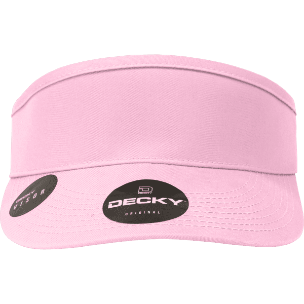 A pink visor with a wide brim and branding on the side. The fabric is smooth and lightweight.