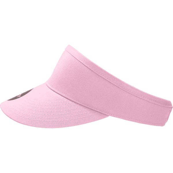 A pink visor with a wide brim and an attached band, featuring a logo on one side.
