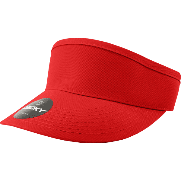A red visor with a wide brim and a logo on the front. The design is simple and sporty.
