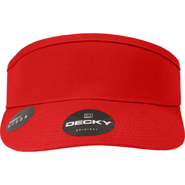 A red visor with a wide brim and branding on the front.