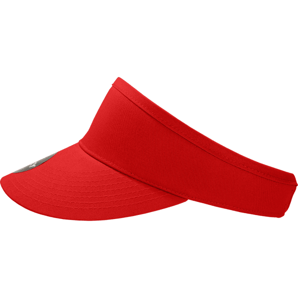 A red visor with a wide brim and an adjustable band features a logo on the front.