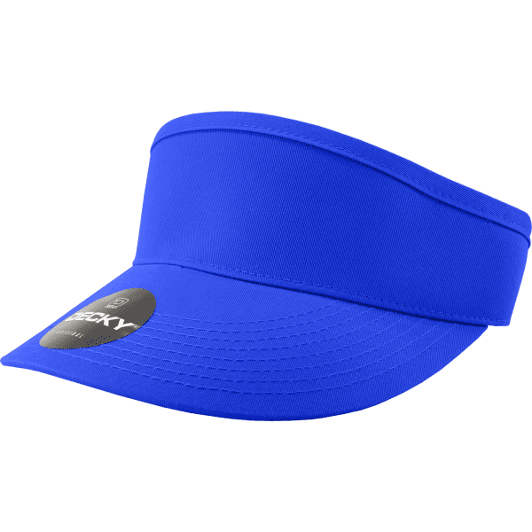 A blue visor with a wide brim and an attached logo on the front. The material appears smooth and flexible.