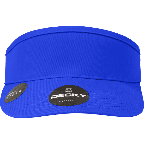 A blue visor with a wide brim and a logo visible on the side. The design is sleek and simple.