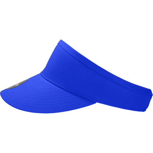 A blue high-profile visor featuring a wide brim and a comfortable band, with a logo on the front.