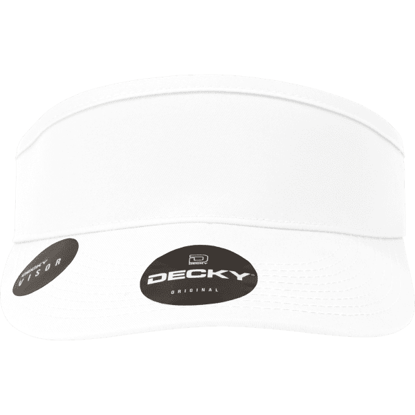 A white visor featuring a large brim and a logo. The product is designed for sun protection.