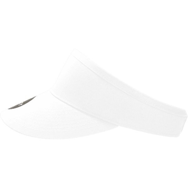 A white visor with a wide brim and an adjustable band, featuring a logo on the front.