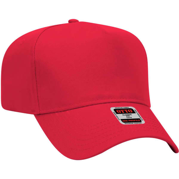 A red 5-panel baseball cap with a curved brim and a branded label on the side.