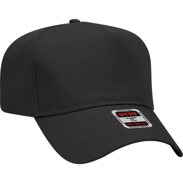 A black 5 panel baseball cap with a curved brim and a logo on the side.