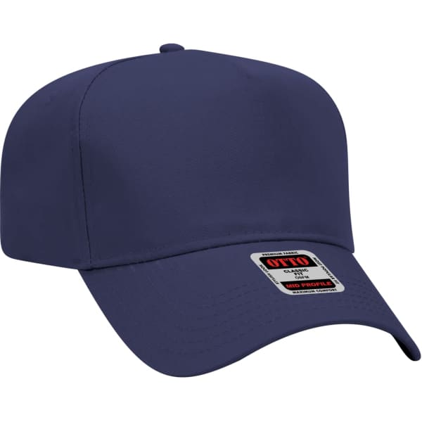 A navy blue 5 Panel Baseball cap with a branded tag attached.