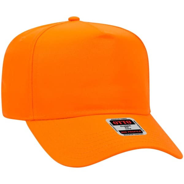 An orange 5-panel baseball cap with a structured front and a logo on the side.