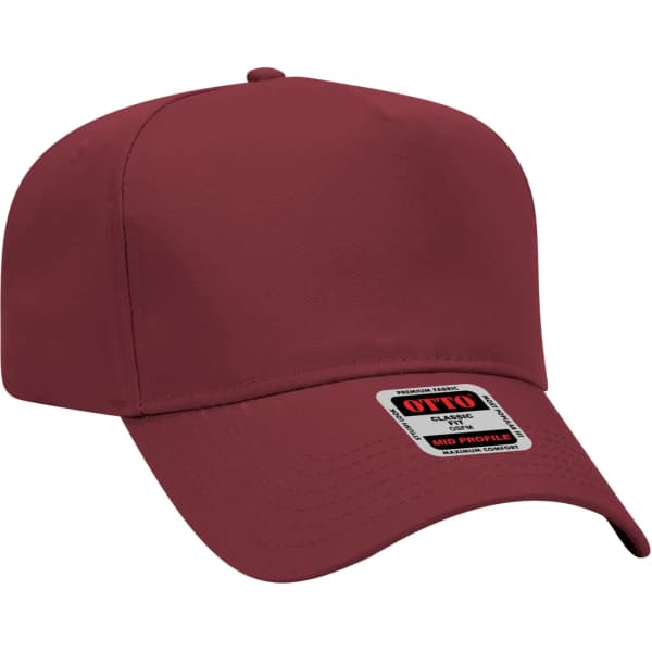 A maroon 5 panel baseball cap featuring a curved brim and a branded label.