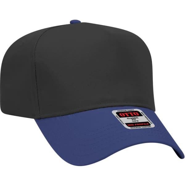 A 5-panel baseball cap featuring a black crown and a blue peak, with a label on the front.
