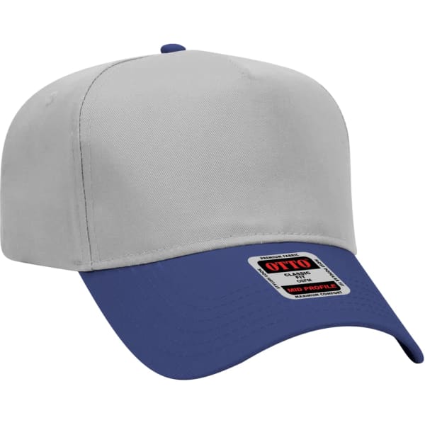 A 5-panel baseball cap featuring a grey crown and a blue brim, with a visible logo on the side.
