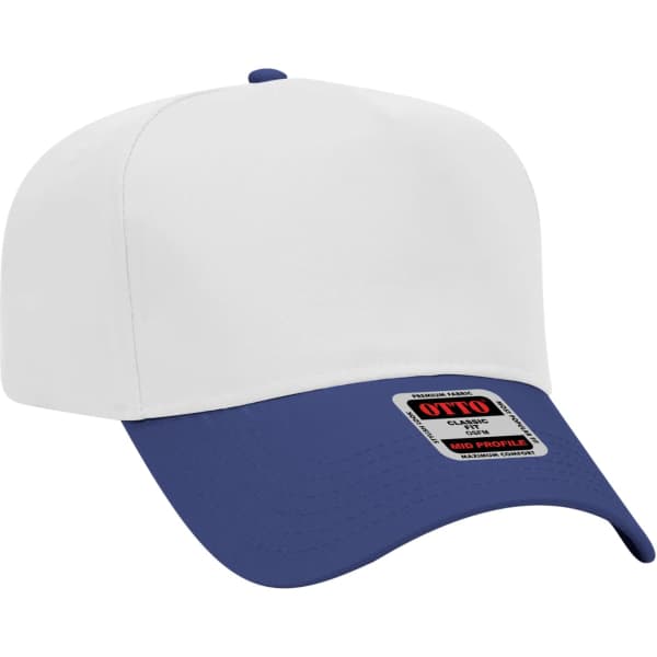 A 5-panel baseball cap featuring a white front and a navy blue brim, with a logo on the front side.