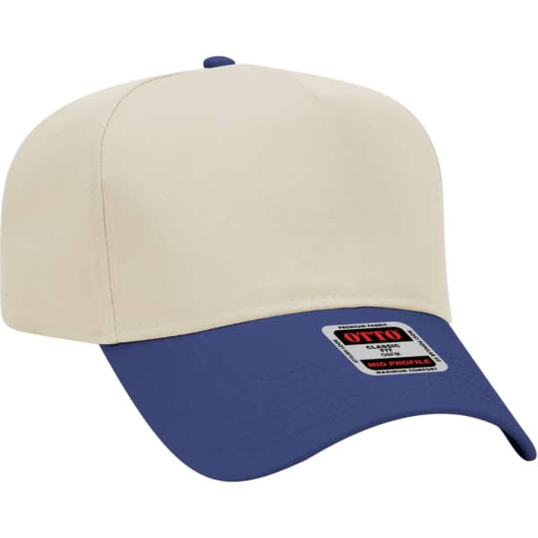 A beige 5 panel baseball cap with a blue peak, featuring a logo on the front.