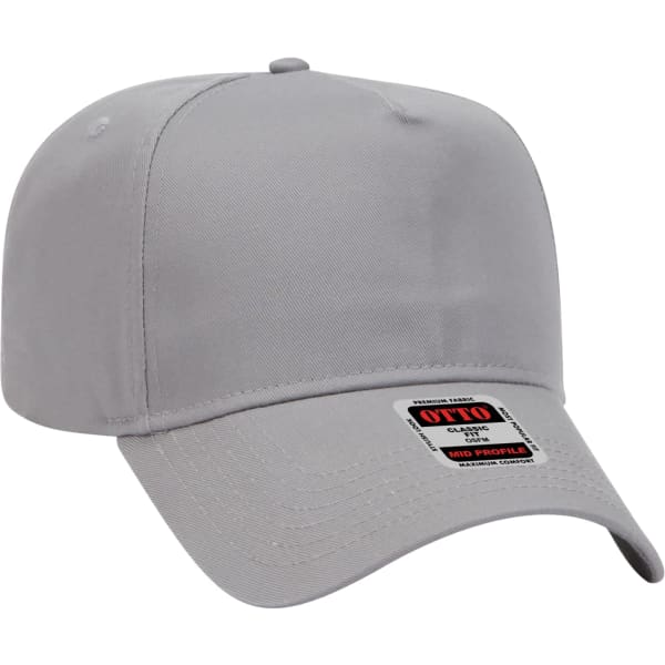 A grey 5 panel baseball cap with a mid-profile design and a logo on the front.