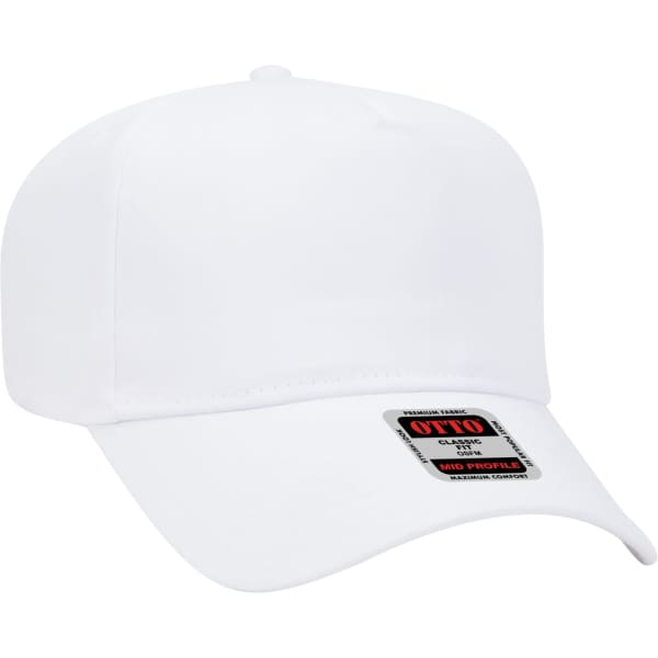 A white 5-panel baseball cap with a branded tag, featuring a structured design and a mid-profile fit.