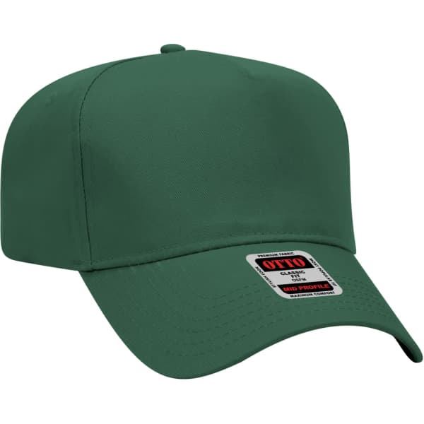 A green 5 panel baseball cap featuring a structured design and an adjustable strap. Includes a logo on the side.