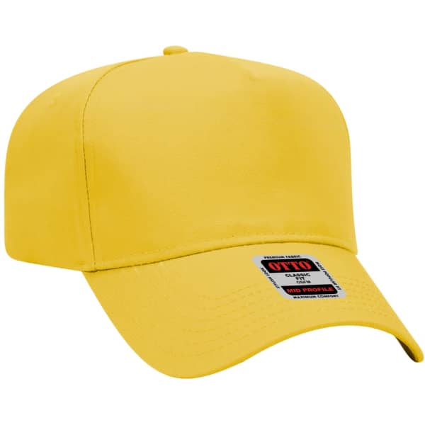A yellow 5-panel baseball cap with a mid-profile design and a logo on the side.