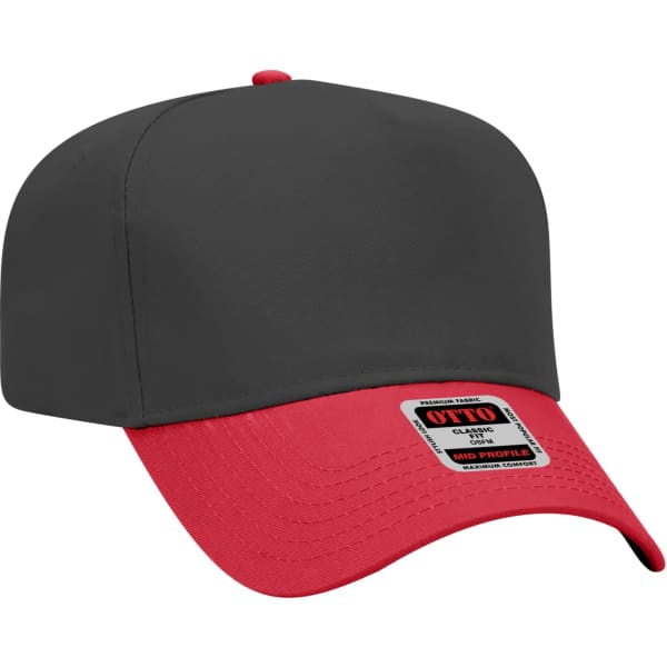 A 5 Panel Baseball cap in grey with a red brim, featuring a logo on the side.