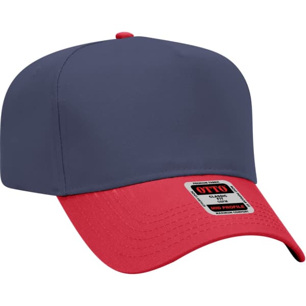 A 5-panel baseball cap featuring a navy blue top and a red brim, with a logo on the label.