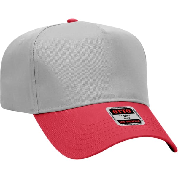 A grey and red 5 Panel Baseball cap with a curved brim and a logo on the side.