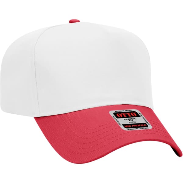 A cap featuring a white front and a red visor, with a logo on the side. It's a five-panel baseball design.