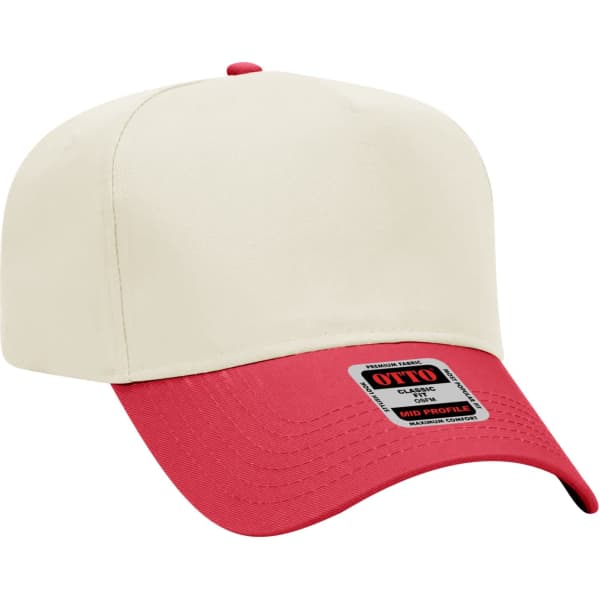 A 5 panel baseball cap featuring a cream-coloured crown and a red peak, with a branded logo on the front.
