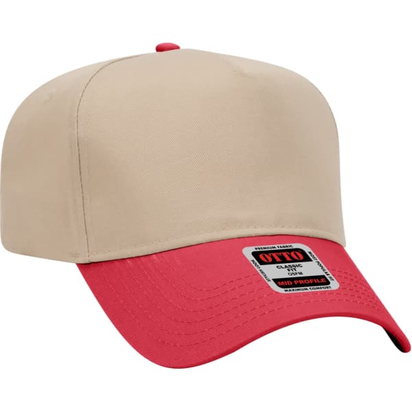 A beige and red 5 panel baseball cap with a logo on the front.