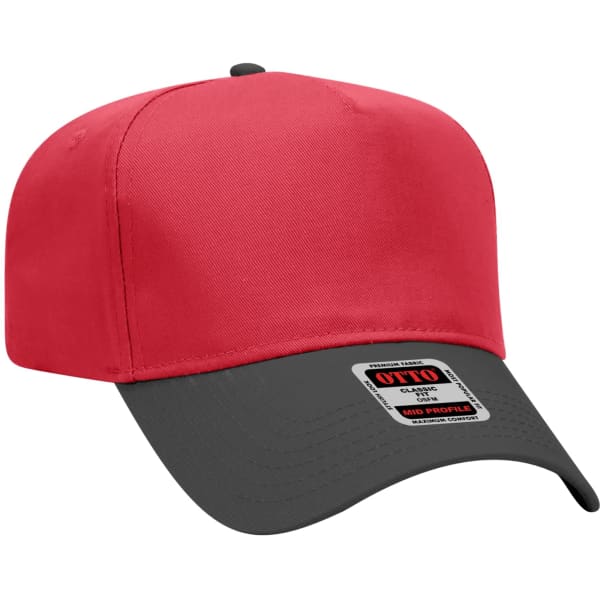 A red and grey 5 panel baseball cap with a branded label on the front.