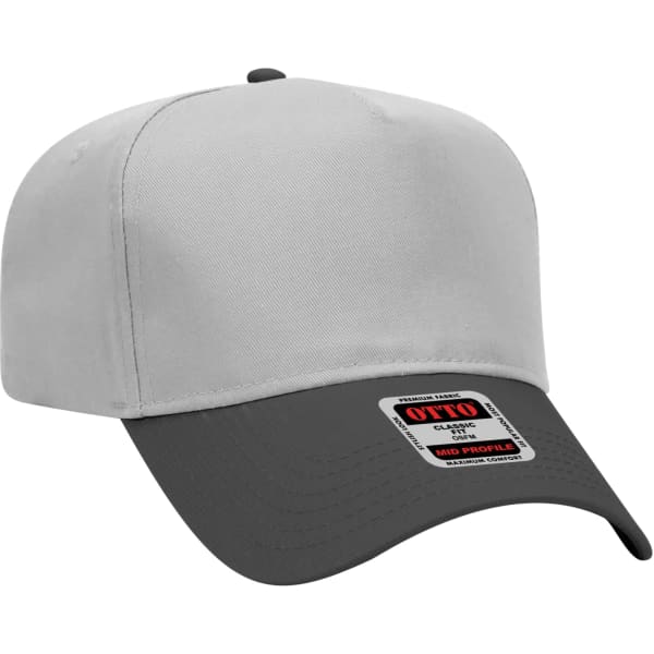 A grey and black 5 panel baseball cap with a mid-profile design and a logo on the side.