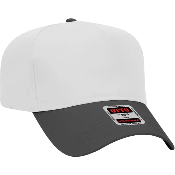 A five-panel baseball cap featuring a white top and a dark grey peak. Includes a logo on the side.