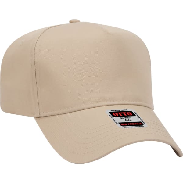 A beige 5 Panel Baseball cap with a structured design and a logo on the side.