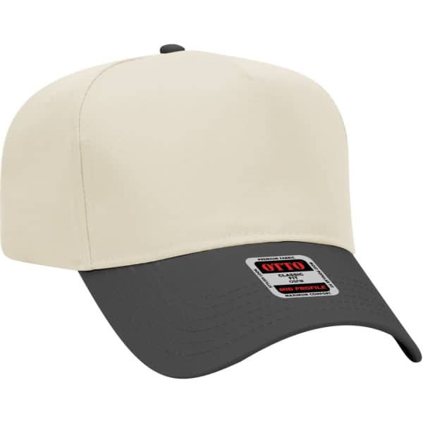 A cream and grey 5-panel baseball cap with a mid-profile design and a logo on the front.