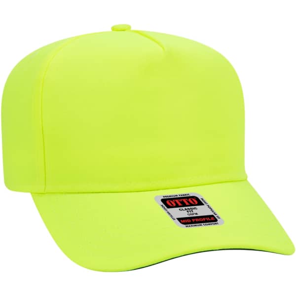 A bright yellow 5 panel baseball cap with a curved brim and a branded label.