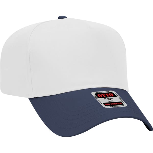 A white and navy 5 panel baseball cap with a branded tag on the side.