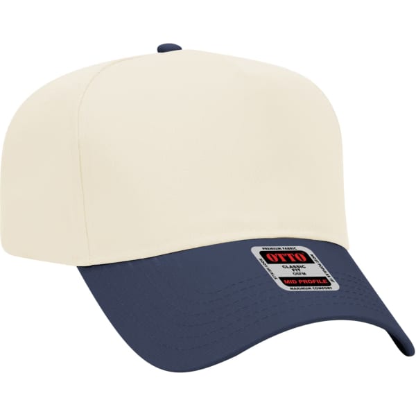 A 5-panel baseball cap featuring a cream top and navy blue brim, with a logo on the front.