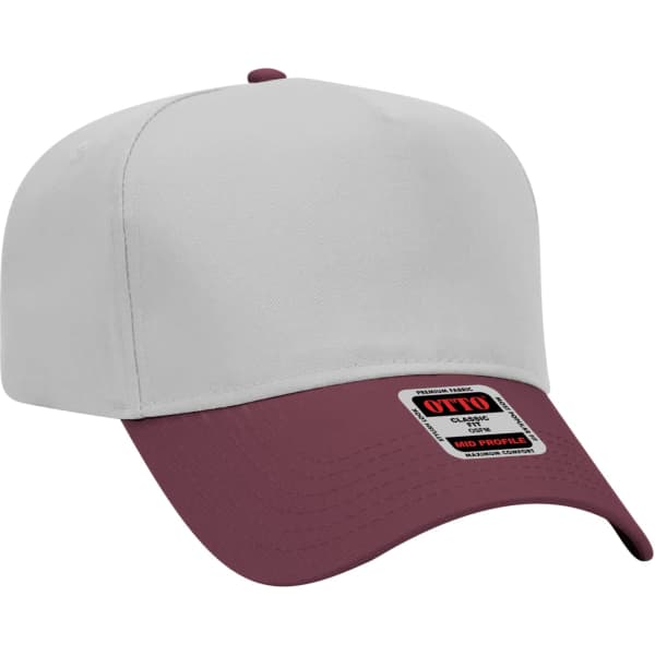 A five-panel baseball cap featuring a white front and a maroon peak, with a logo on the label.