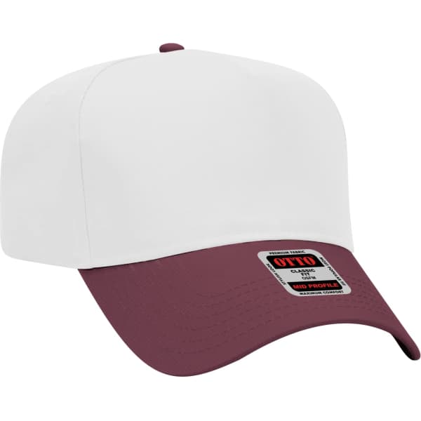A 5-panel baseball cap featuring a white crown and a maroon peak, with a logo on the side.
