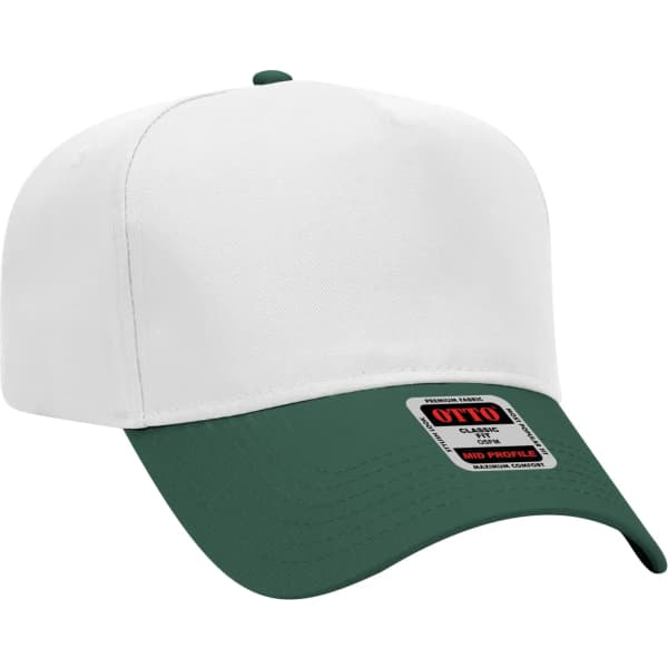 A 5 Panel Baseball cap featuring a white crown and a green visor, with a branded tag on the side.