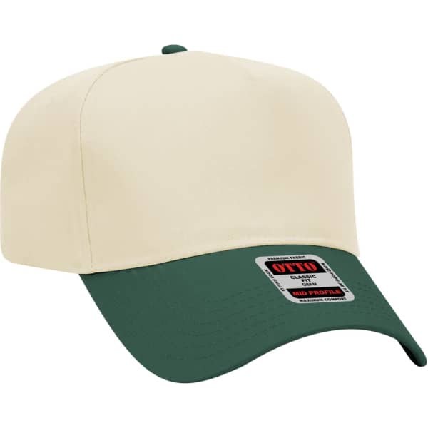 A 5-panel baseball cap with a cream-coloured crown and a green peak, featuring a logo on the side.
