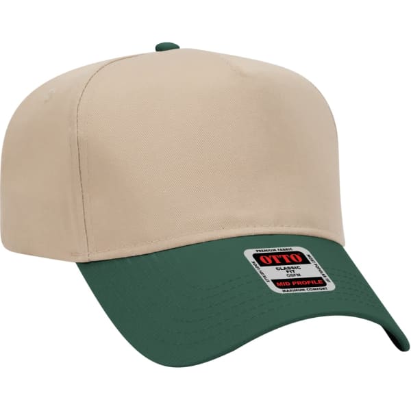 A beige and green 5 panel baseball cap featuring a curved brim and a logo on the front.