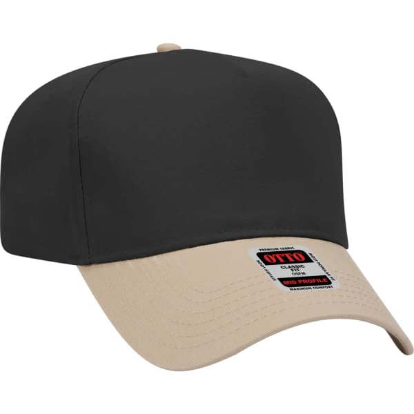 A 5 panel baseball cap in black and beige, featuring a logo on the front.